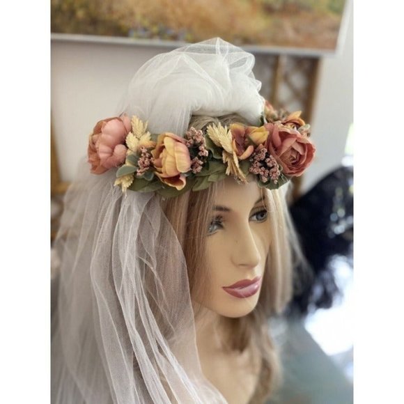 Vintage Bridal Wedding Hair Accessory Crown Earth Tones Boho Unique Handmade 70s main image 4